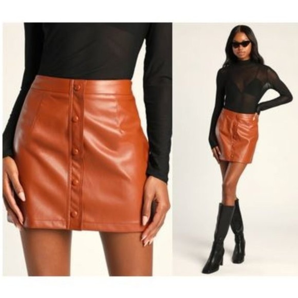 Lulus Most Fab Brown Vegan Leather Button-Front Mini Skirt - Size S